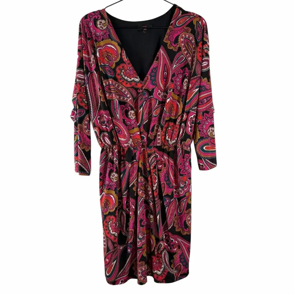 Trina Turk Jersey Dress Black Pink Paisley V-Neck Resortwear Vacay Short Size L - Picture 3 of 12